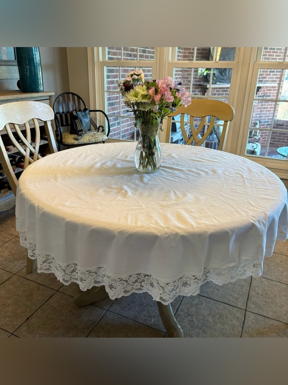 Vintage 70s Cream Round Tablecloth Elegant Lace Trim 64" Victorian